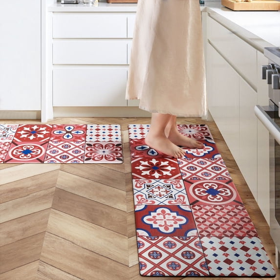 Phantoscope Leather Print Kitchen Mats, Cushioned Anti-Fatigue Floor Rugs, Non-Slip Waterproof, Red, Set of 2, 17 x 47 in and 17 x 29 in