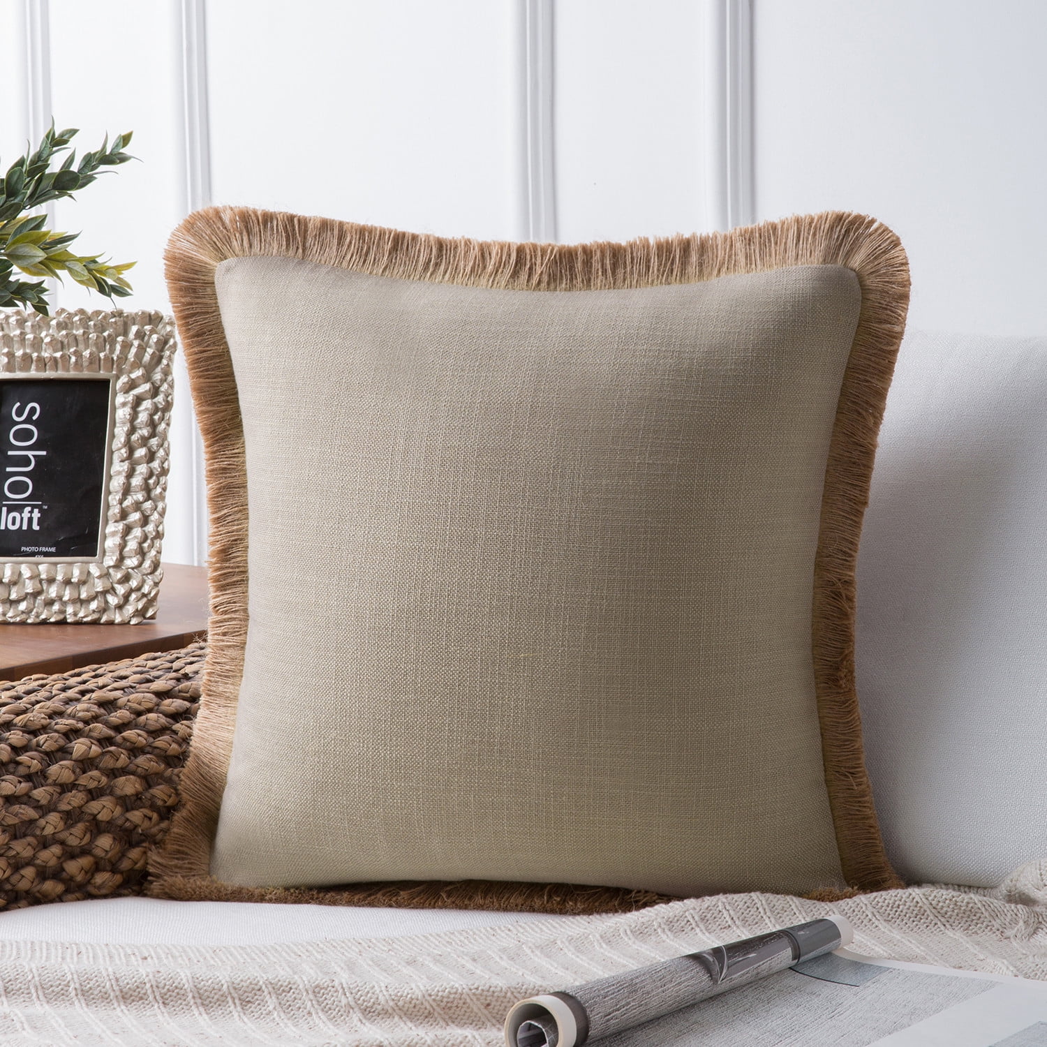 Phantoscope Linen Tassel Trimmed Farmhouse Series Decorative Throw