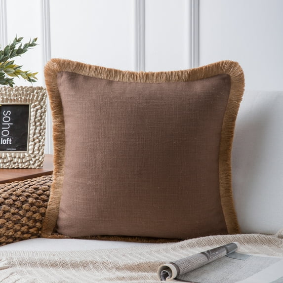 Phantoscope Linen Tassel Trimmed Farmhouse Series Decorative Throw Pillow, 18" x 18", Brown, 1 Pack