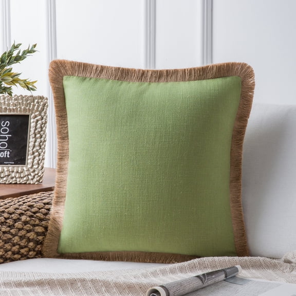 Phantoscope Linen Tassel Trimmed Farmhouse Series Decorative Throw Pillow, 18" x 18", Green, 1 Pack