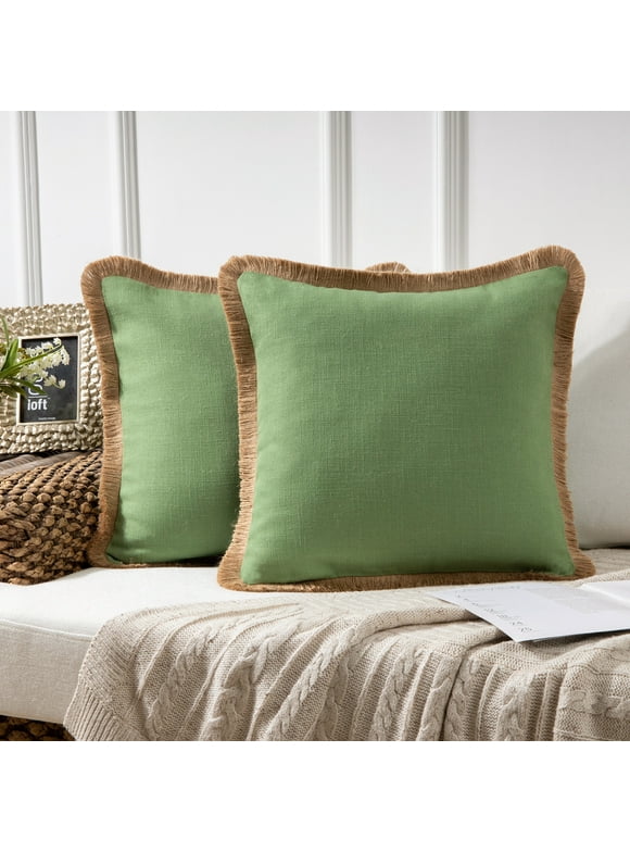Phantoscope Linen Tassel Trimmed Farmhouse Series Decorative Throw Pillow, 18" x 18", Green, 2 Pack