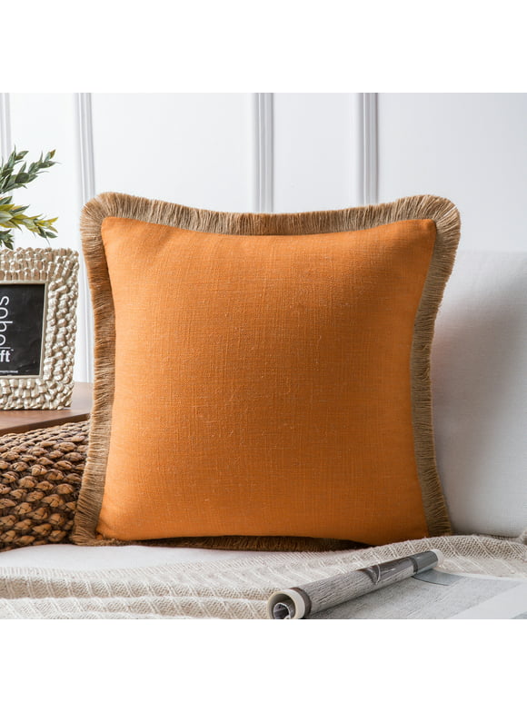 Phantoscope Linen Tassel Trimmed Farmhouse Series Decorative Throw Pillow, 18" x 18", Orange, 1 Pack