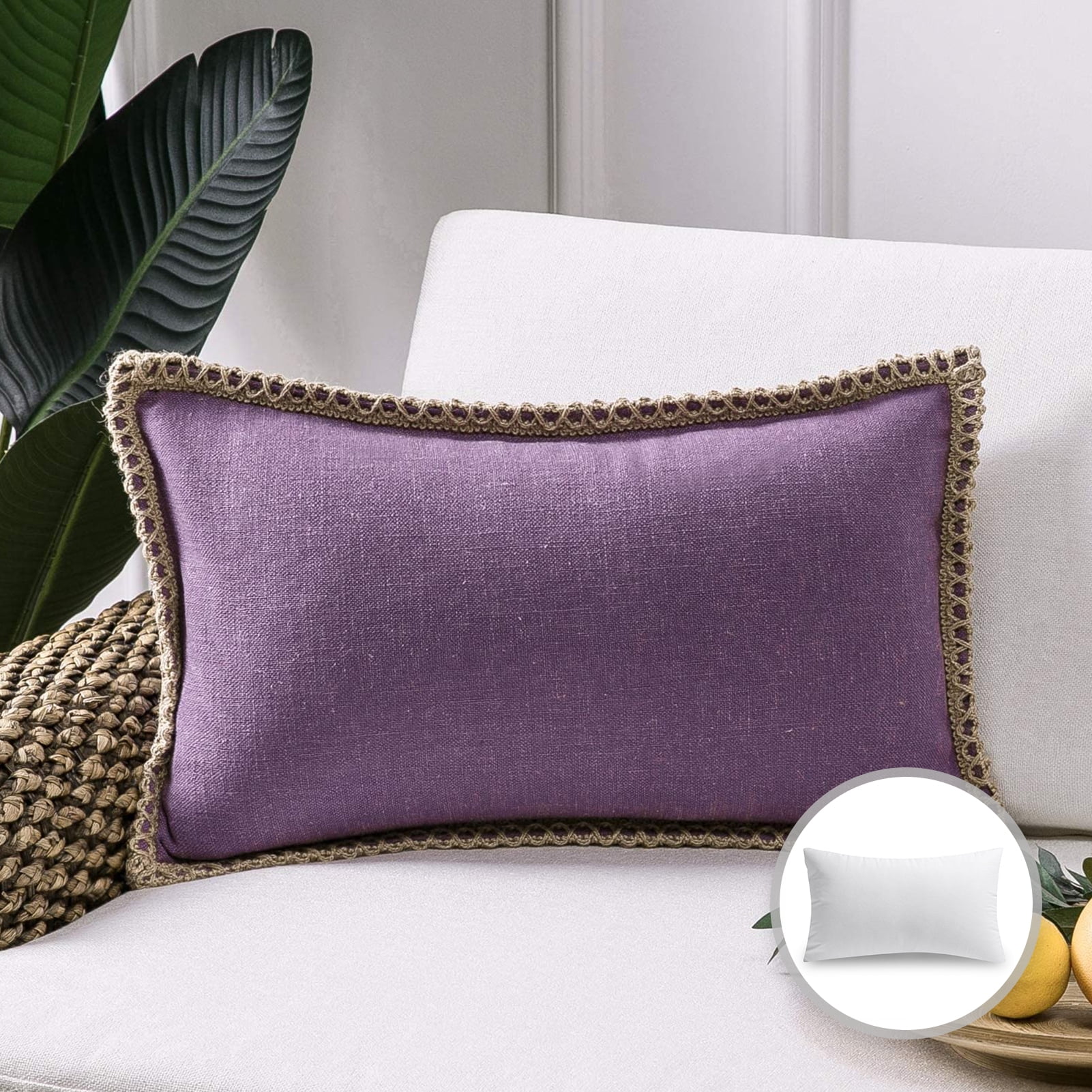 Phantoscope Linen Trimmed Farmhouse Series Decorative Throw Pillow, 12" x 20", Purple, 1 Pack