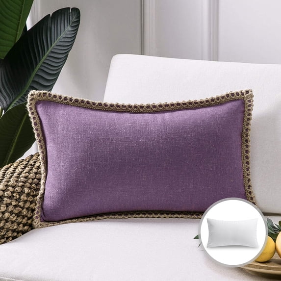 Phantoscope Linen Trimmed Farmhouse Series Decorative Throw Pillow, 12" x 20", Purple, 1 Pack