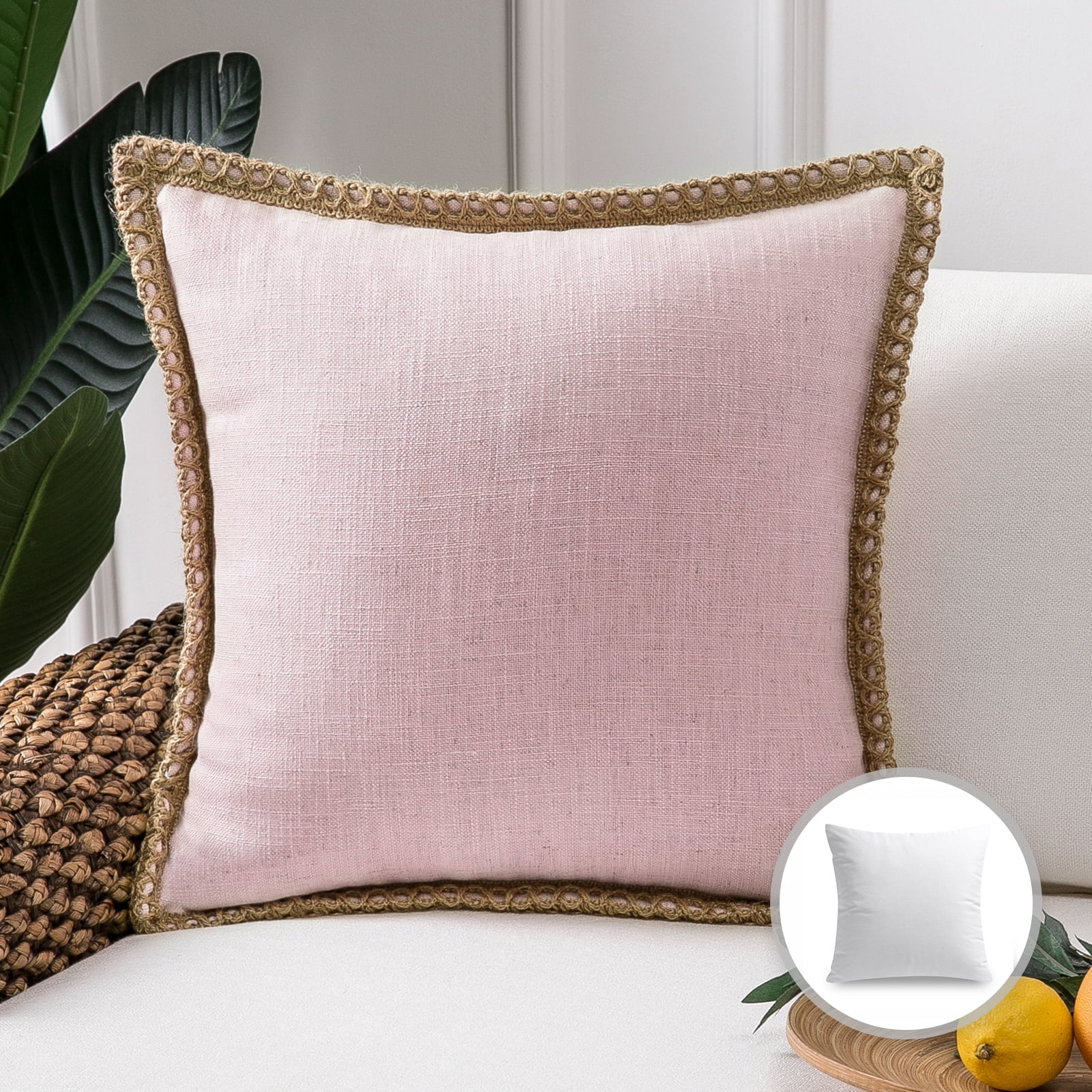 Phantoscope Linen Trimmed Farmhouse Series Decorative Throw Pillow, 18" x 18", Pink, 1 Pack