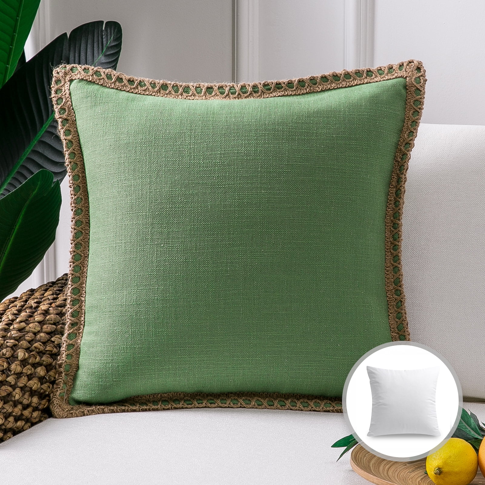 Phantoscope Linen Trimmed Farmhouse Series Decorative Throw Pillow, 20" x 20", Green, 1 Pack
