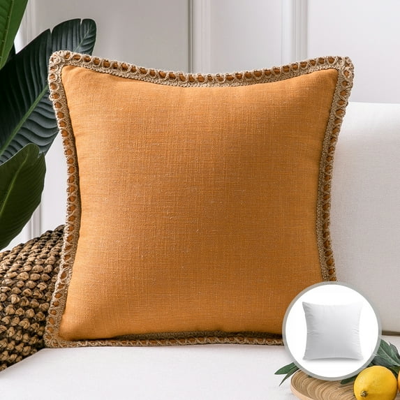 Phantoscope Linen Trimmed Farmhouse Series Decorative Throw Pillow, 20" x 20", Orange, 1 Pack