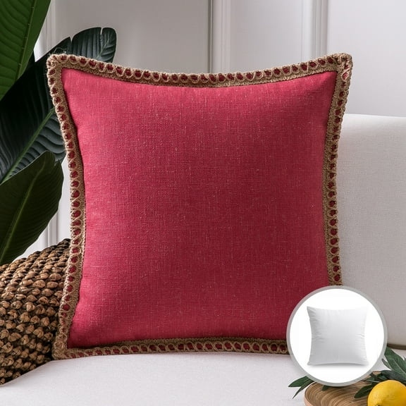 Phantoscope Linen Trimmed Farmhouse Series Decorative Throw Pillow, 20" x 20", Red, 1 Pack