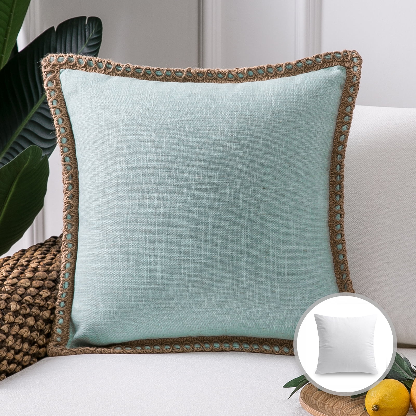 Phantoscope Linen Trimmed Farmhouse Series Decorative Throw Pillow, 22" x 22", Light Blue, 1 Pack