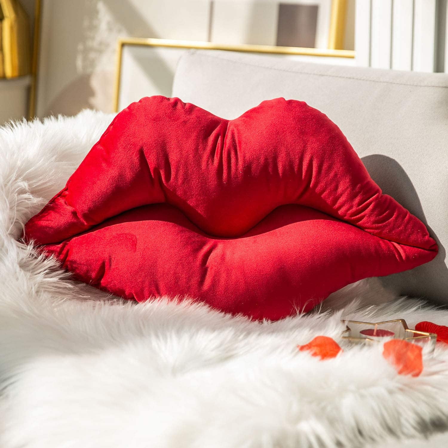 Phantoscope Lips Throw Pillows Smooth Soft Velvet Cushion with Insert Included, Decorative Lumbar Pillow for Couch Bed Living Room, Dark Red, 24 x 12 Inches