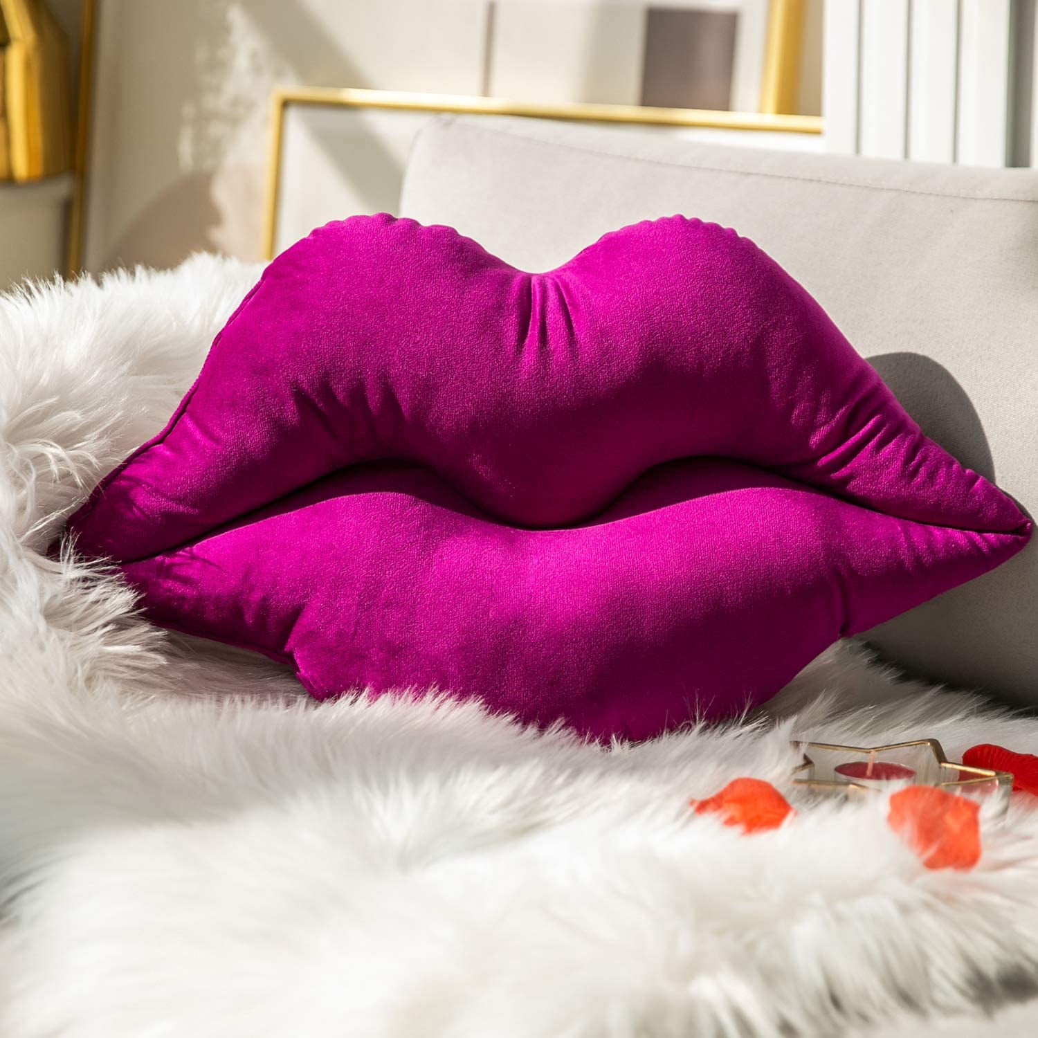 Phantoscope Lips Throw Pillows Smooth Soft Velvet Cushion with Insert Included, Decorative Lumbar Pillow for Couch Bed Living Room, Purple, 24 x 12 Inches