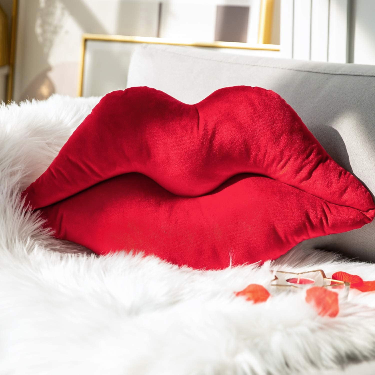 Phantoscope Lips Throw Pillows Smooth Soft Velvet Cushion with Insert Included, Decorative Lumbar Pillow for Couch Bed Living Room, Red, 24 x 12 Inches