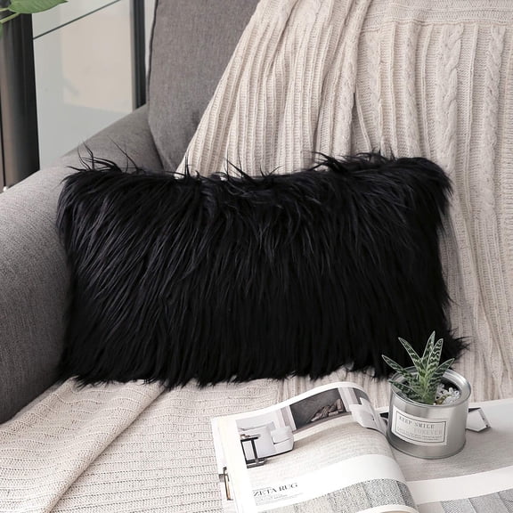Phantoscope Merino Style Faux Fur Series Decorative Throw Pillow, 12" x 20", Black, 1 Pack