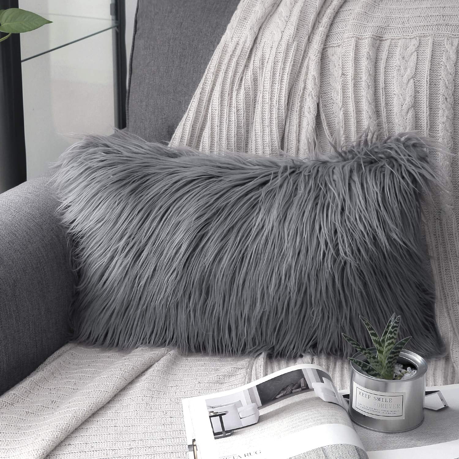 Phantoscope Merino Style Faux Fur Series Decorative Throw Pillow, 12" x 20", Gray, 1 Pack