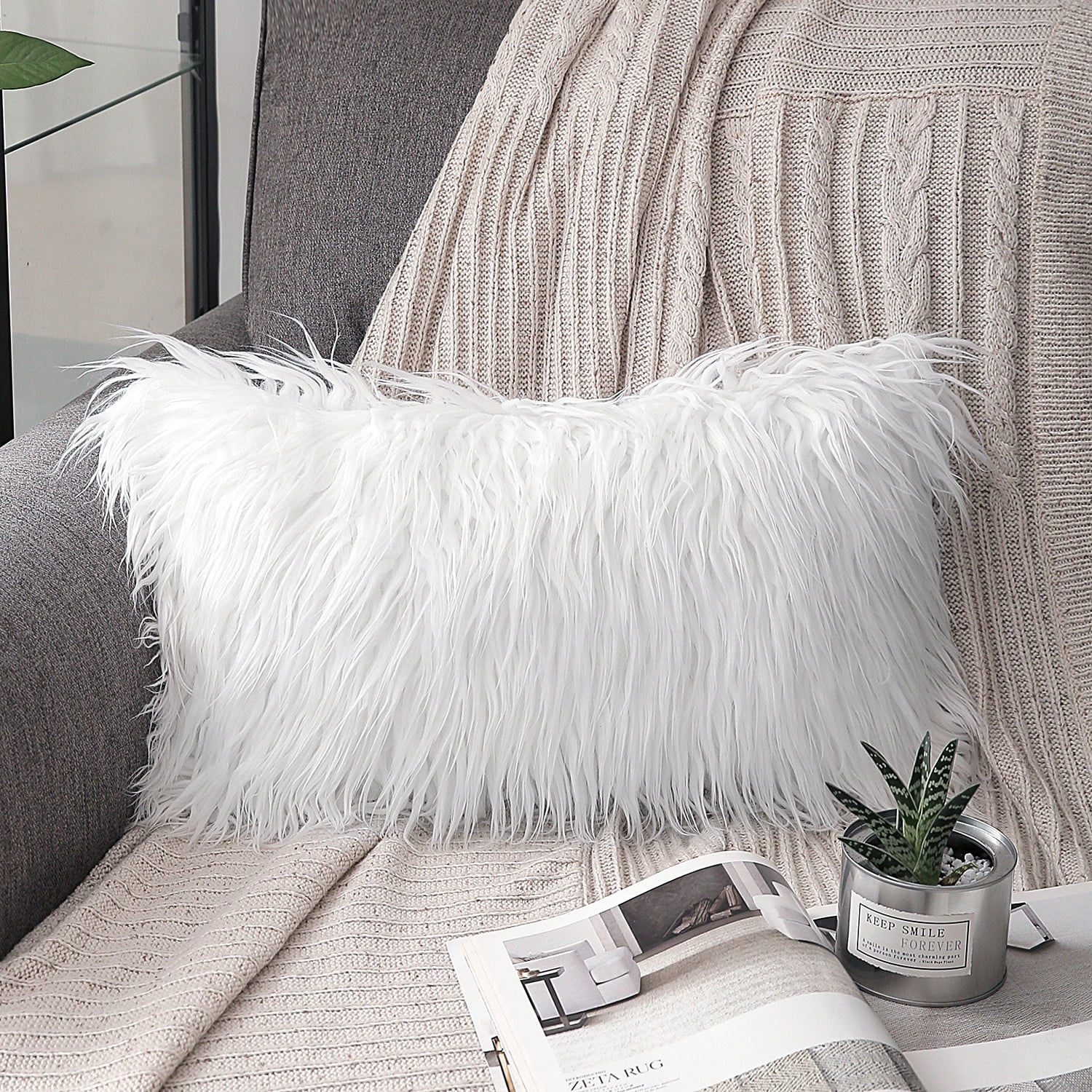 Phantoscope Merino Style Faux Fur Series Decorative Throw Pillow, 12" x 20", True White, 1 Pack