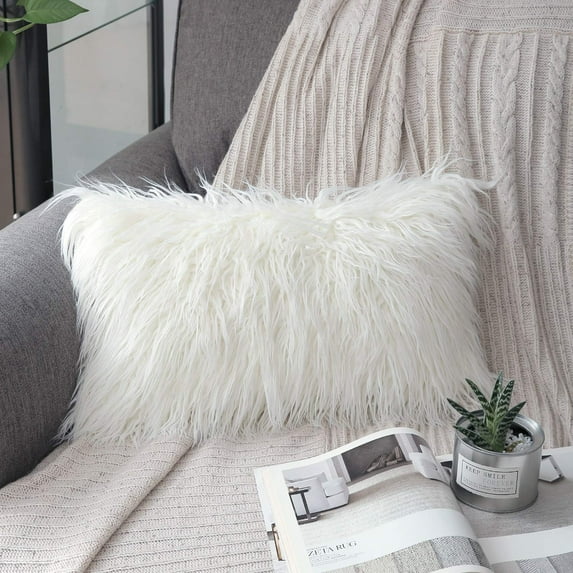 Phantoscope Merino Style Faux Fur Series Decorative Throw Pillow, 12" x 20", White, 1 Pack