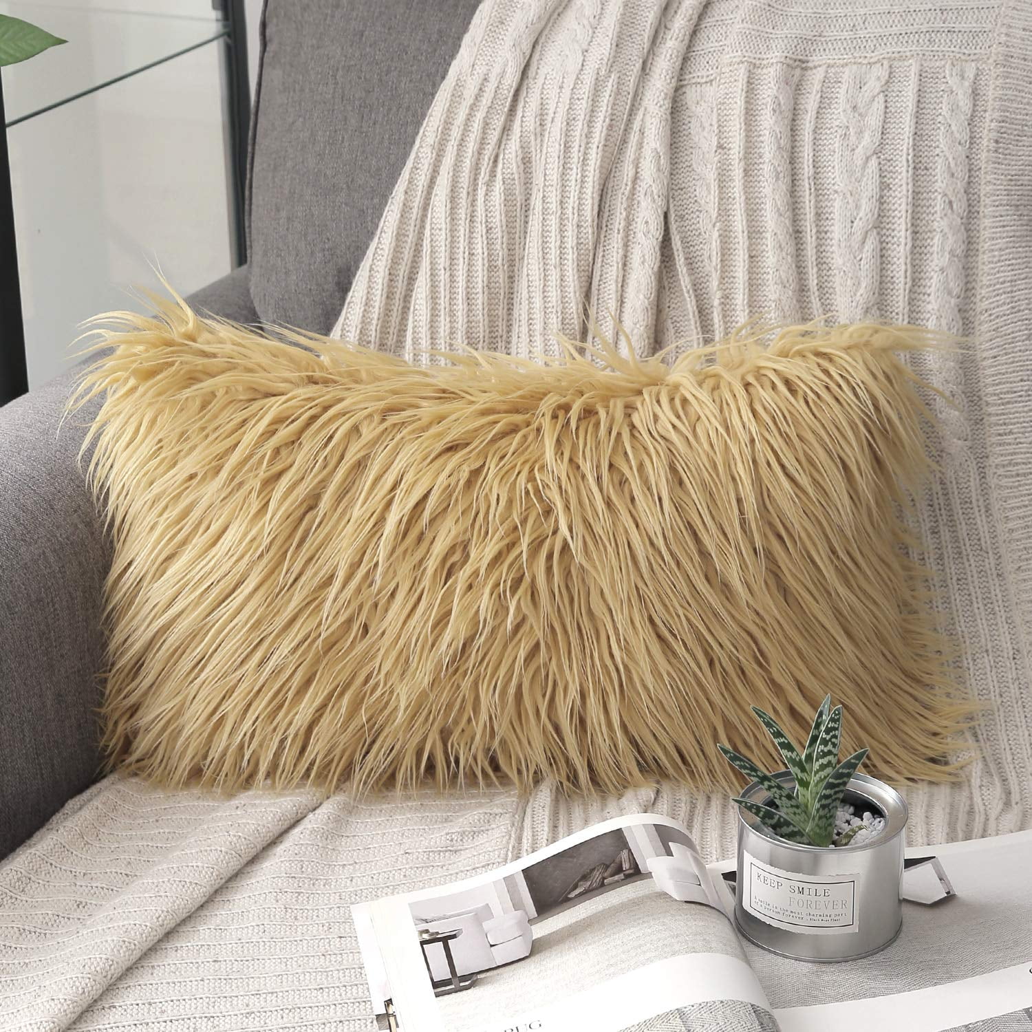 Phantoscope Merino Style Faux Fur Series Decorative Throw Pillow, 12" x 20", Yellow, 1 Pack