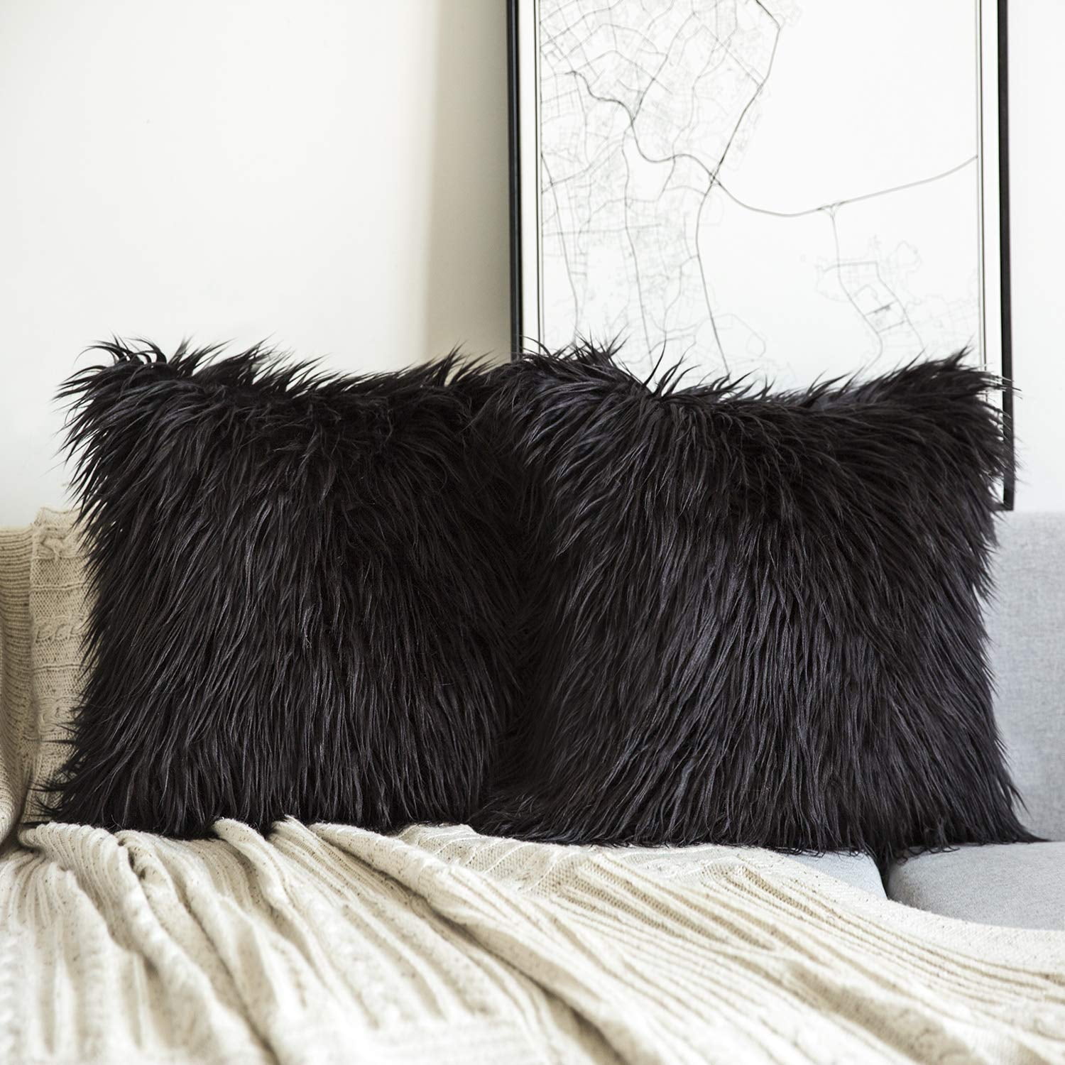 Phantoscope Merino Style Faux Fur Series Decorative Throw Pillow, 18" x 18", Black, 2 Pack