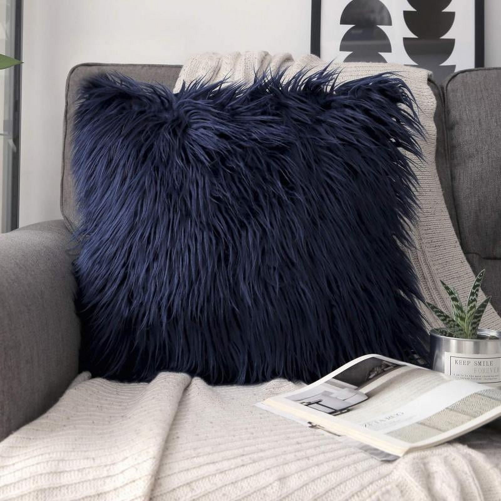 Phantoscope Merino Style Faux Fur Series Decorative Throw Pillow, 18" x 18", Navy Blue, 1 Pack