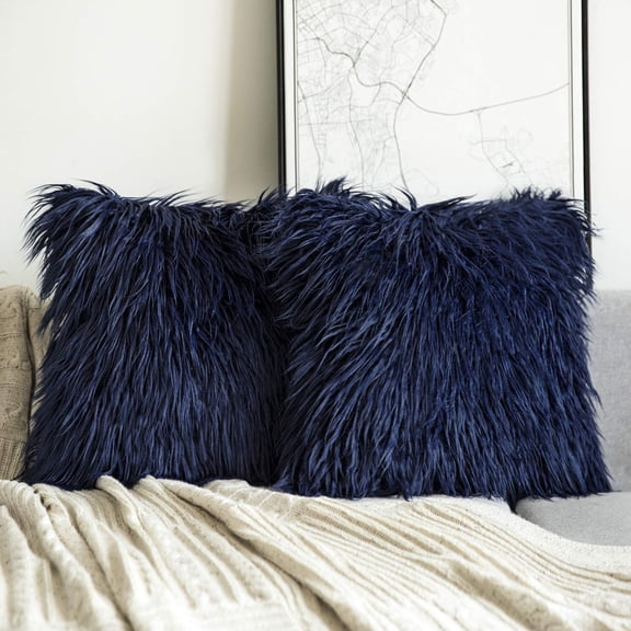 Phantoscope Merino Style Faux Fur Series Decorative Throw Pillow, 18" x 18", Navy Blue, 2 Pack