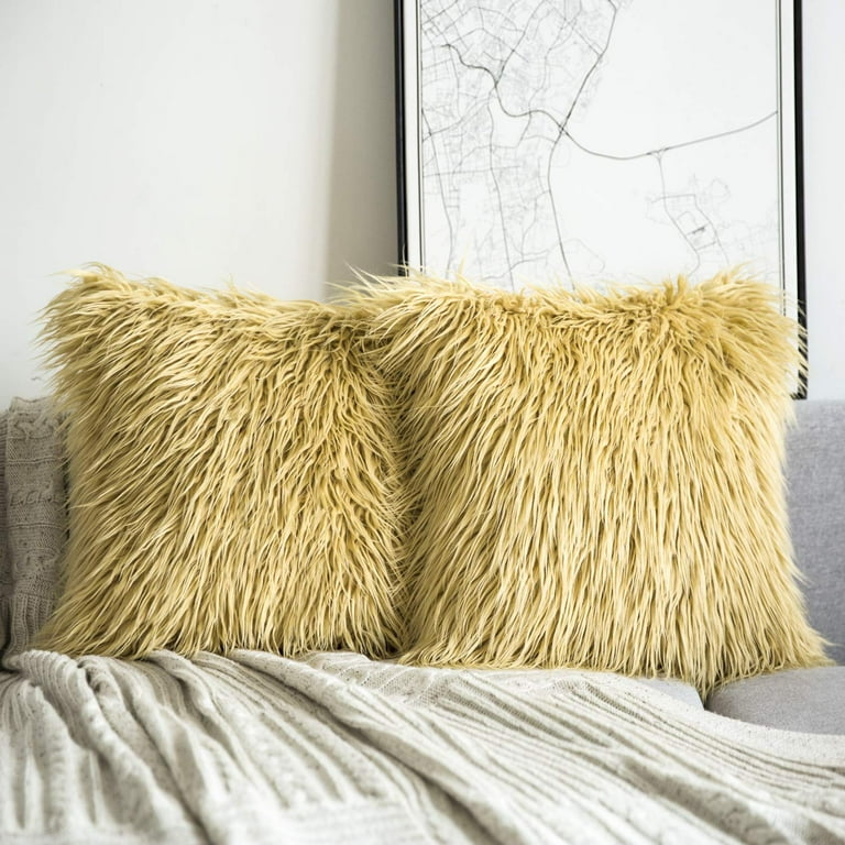 Yellow faux fur pillow sale