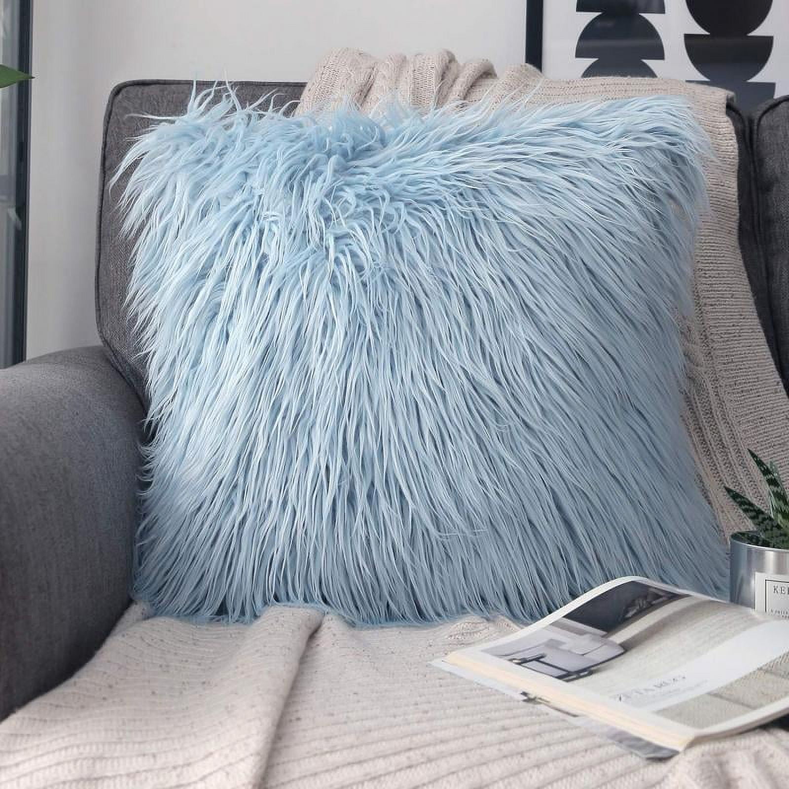 Phantoscope Merino Style Faux Fur Series Decorative Throw Pillow, 20" x 20", Light Blue, 1 Pack