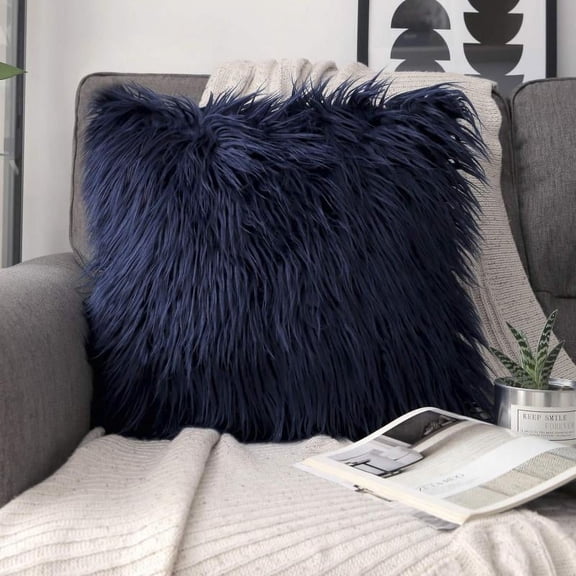 Phantoscope Merino Style Faux Fur Series Decorative Throw Pillow, 20" x 20", Navy Blue, 1 Pack
