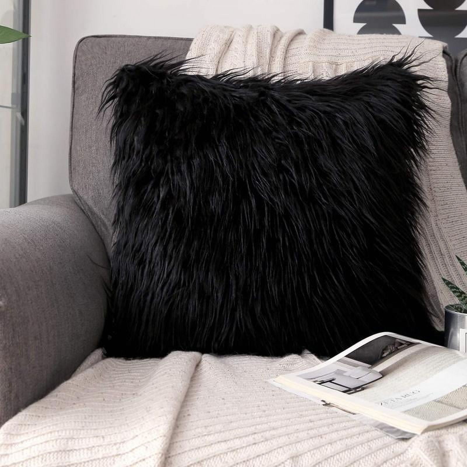 Phantoscope Merino Style Faux Fur Series Decorative Throw Pillow, 22" x 22", Black, 1 Pack