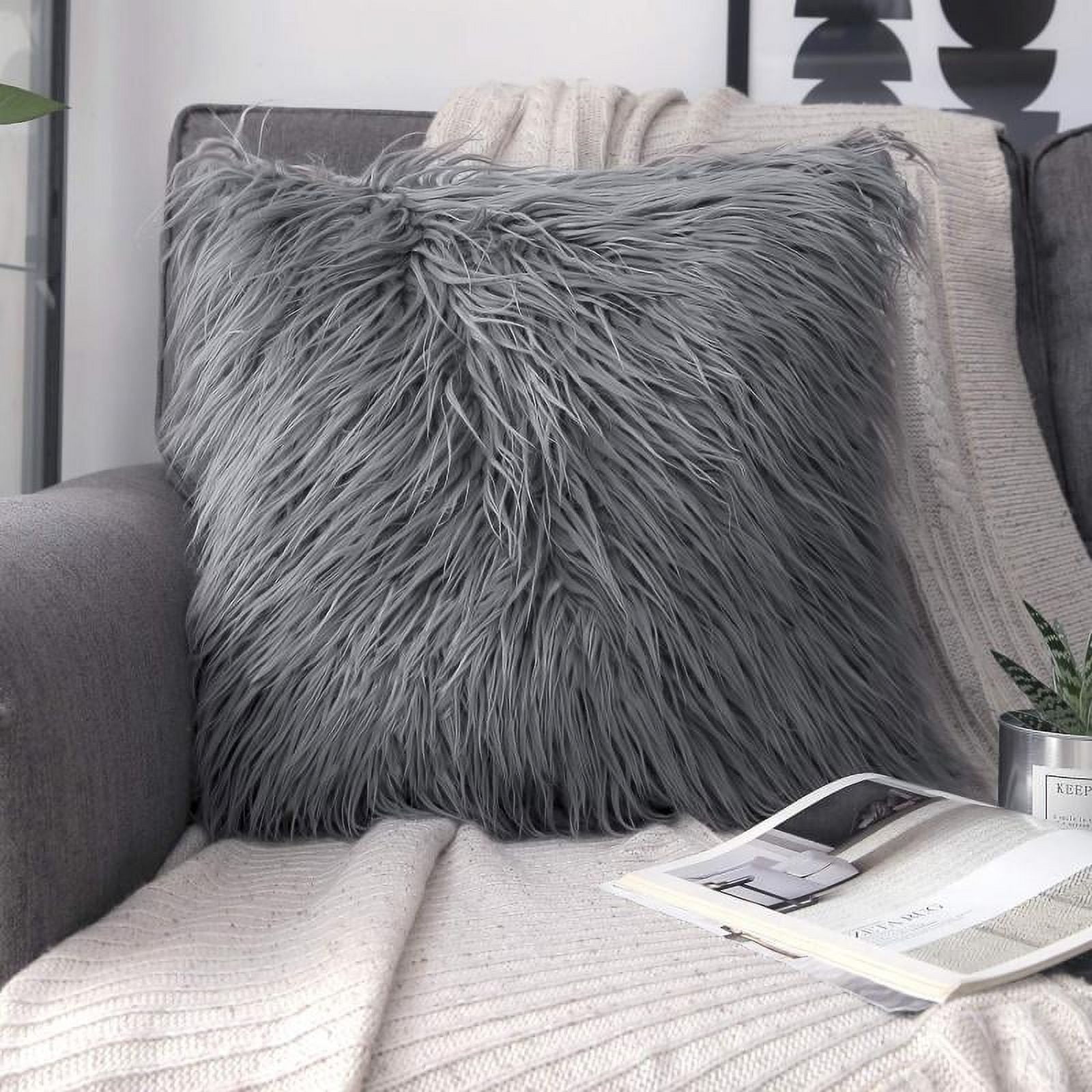 Phantoscope Merino Style Faux Fur Series Decorative Throw Pillow, 22" x 22", Gray, 1 Pack