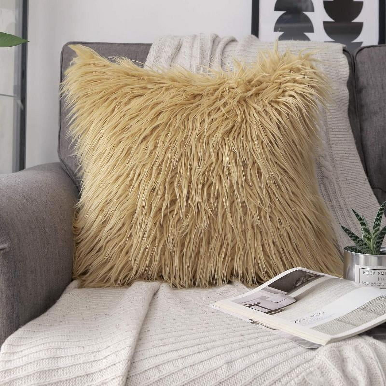 Phantoscope Merino Style Faux Fur Series Decorative Throw Pillow, 22" x 22", Yellow, 1 Pack