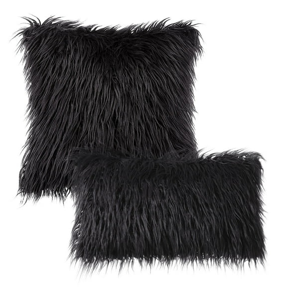 Phantoscope Merino Style Faux Fur Series Decorative Throw Pillow Bundle, 12" x 20"/18" x 18", Black, 2 Pack