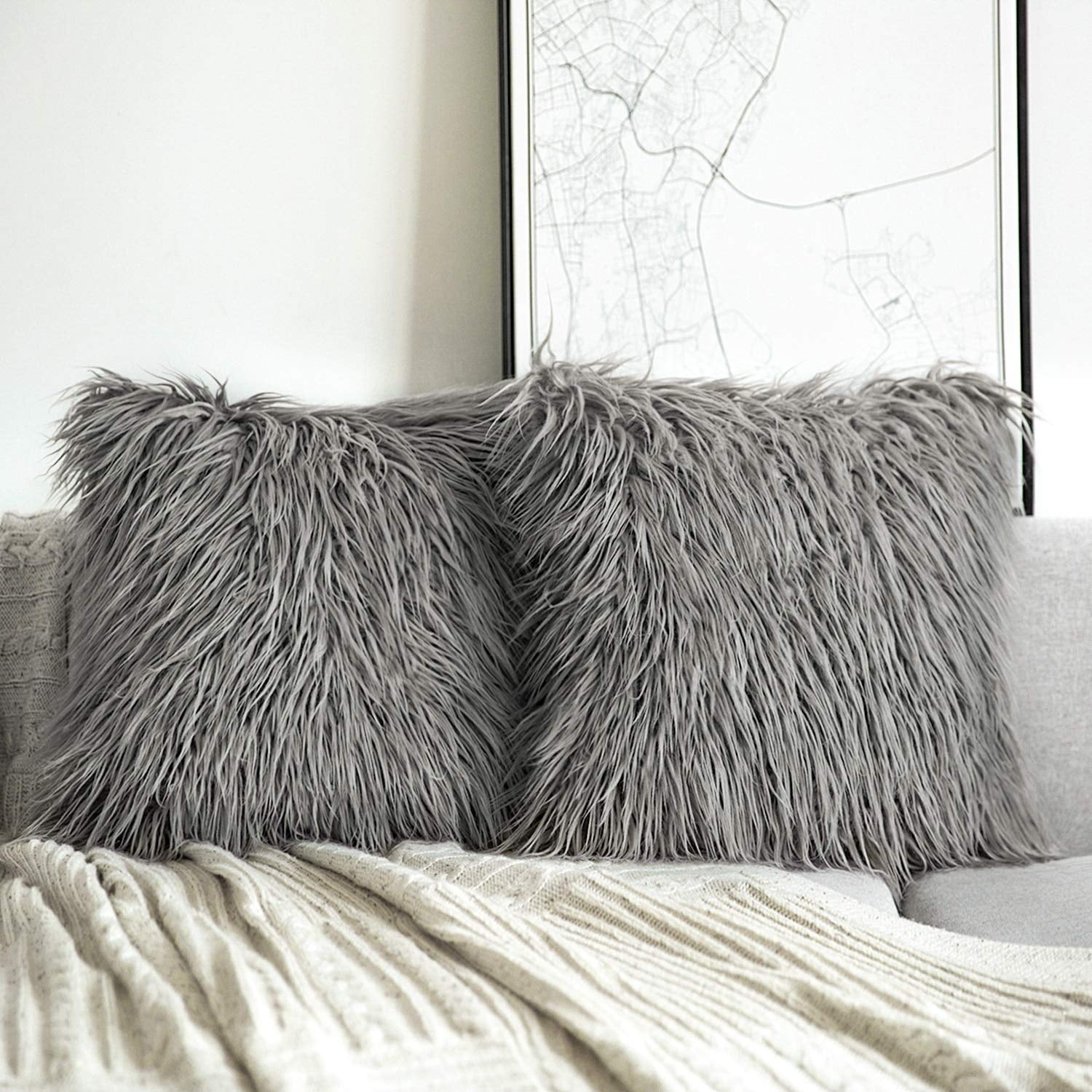 Phantoscope Merino Style Faux Fur Series Decorative Throw Pillow Cover, 18" x 18", Gray, 2 Pack