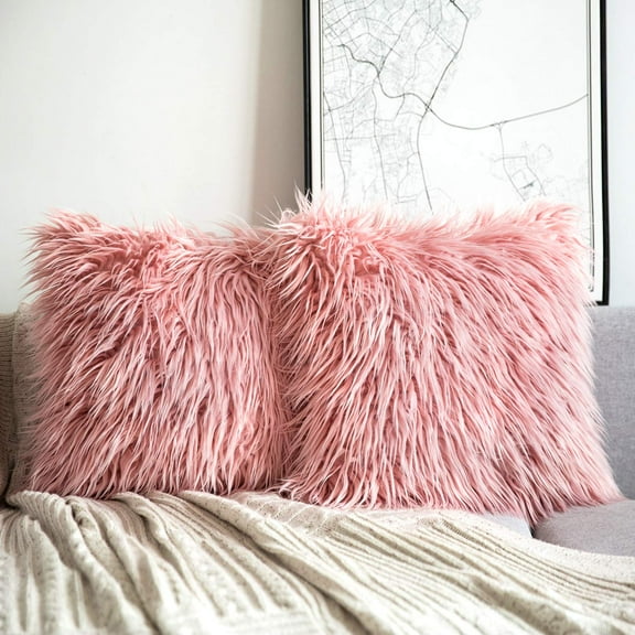 Phantoscope Merino Style Faux Fur Series Decorative Throw Pillow Cover, 18" x 18", Pink, 2 Pack