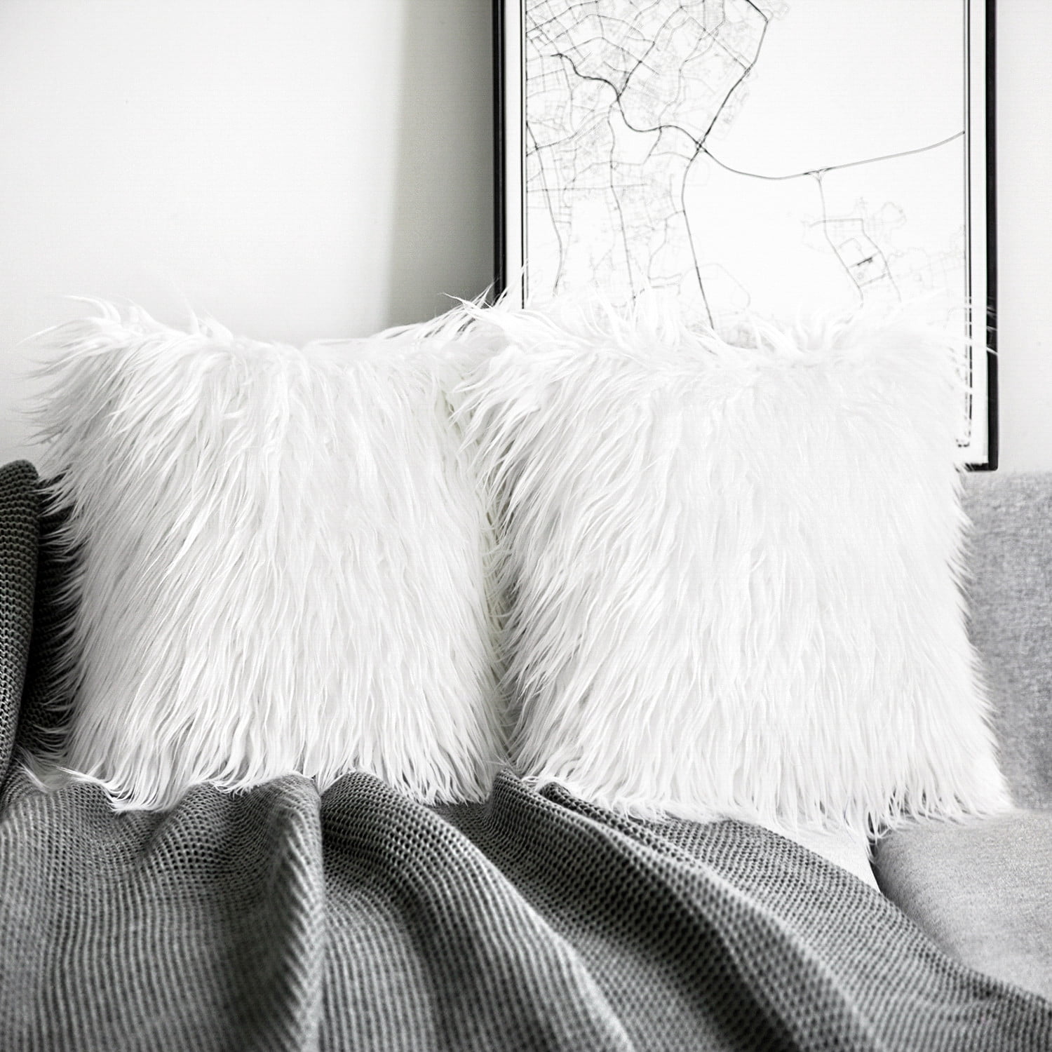Phantoscope Merino Style Faux Fur Series Decorative Throw Pillow Cover, 18" x 18", True White, 2 Pack