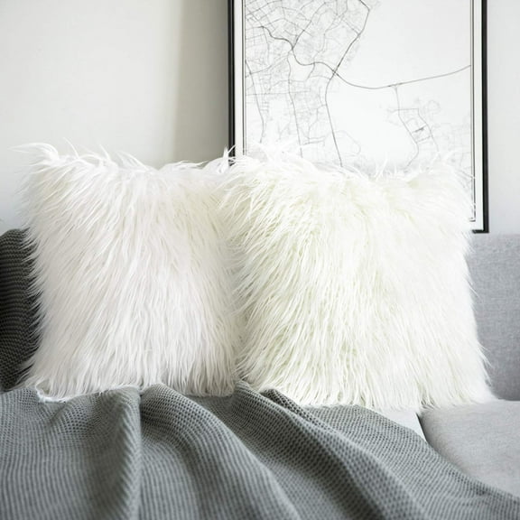 Phantoscope Merino Style Faux Fur Series Decorative Throw Pillow Cover, 18" x 18", White, 2 Pack