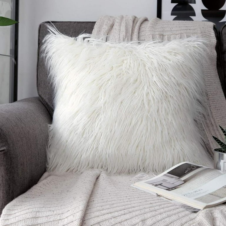 Phantoscope Luxury Mongolian Fluffy Faux Fur Series Square Decorative Throw Pillow Cusion for Couch, 12 inch x 20 inch, Off White, 2 Pack