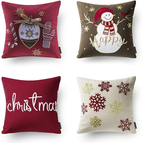Phantoscope Merry Christmas Canvas Embroidered Decorative Throw Pillow, Snowman, 18" x 18",Set of 4