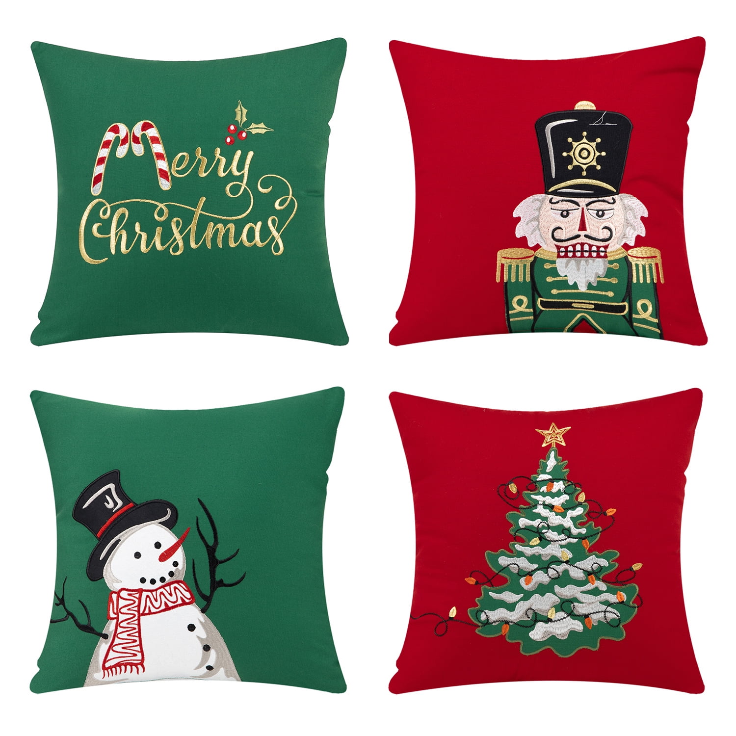 Phantoscope Merry Christmas Cotton Applique Christmas Tree Snowman Decorative Throw Pillow, 18" x 18", Red/Green, 4 Pack