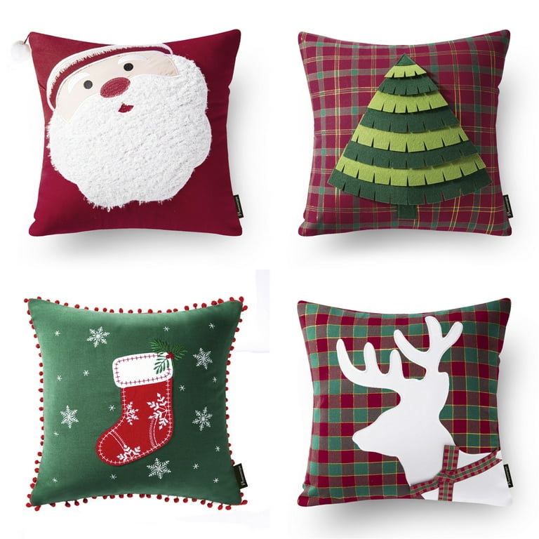 Phantoscope Merry Christmas Holiday Collection Applique Christmas Tree Embroidery Santa Claus and Reindeer Decorative Throw Pillow with Insert, 18