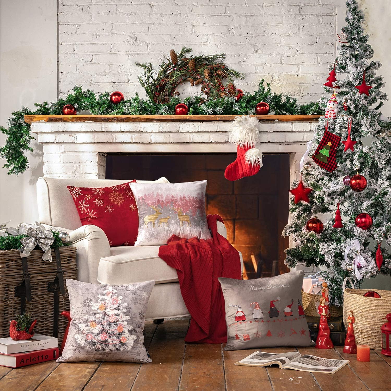 Phantoscope Merry Christmas Velvet Embroidered Decorative Throw Pillow Cover, Red and Gray, 18" x 18", Set of 4