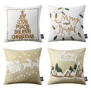 Phantoscope Merry Christmas Velvet and Cotton Canvas Decorative Throw Pillow, Beige and White, 18" x 18", Set of 4