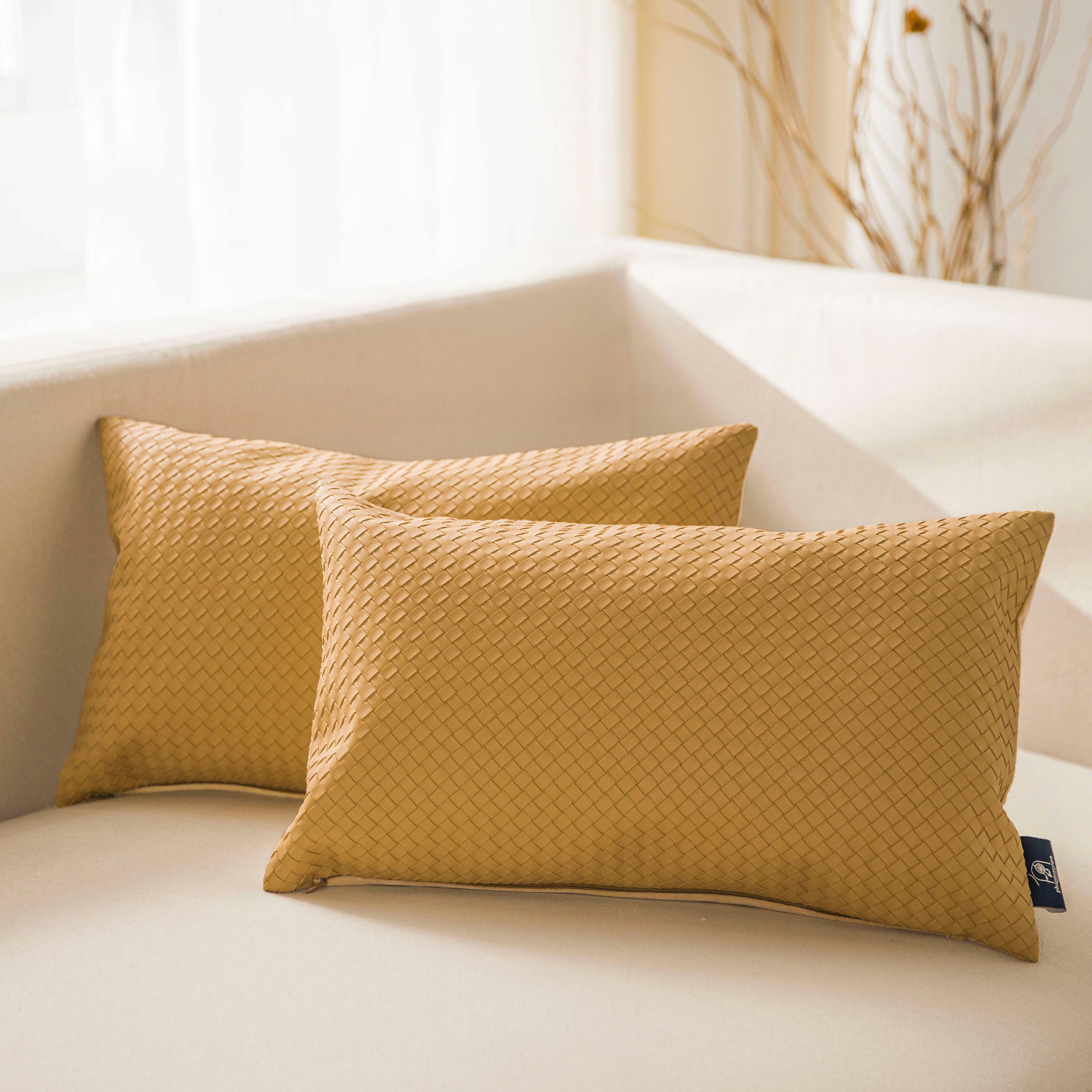 Phantoscope Modern Faux Leather Woven Square Cusion Solid Accent Decorative Throw Pillow for Couch, 12" x 20", Yellow, 2 Pack