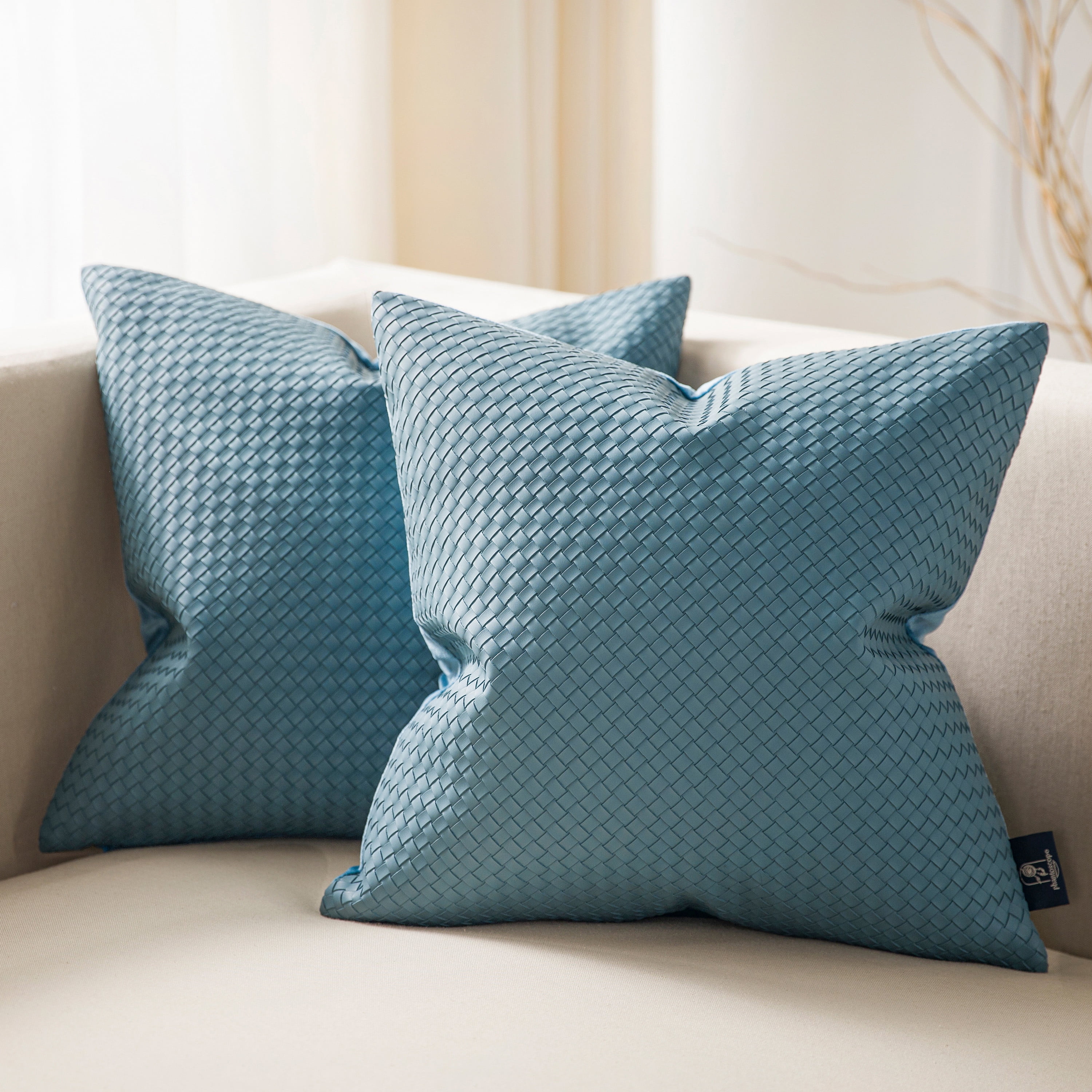 Phantoscope Linen Trimmed Farmhouse Series Decorative Throw Pillow, 18 inch x 18 inch, Light Blue, 1 Pack, Size: 18 x 18