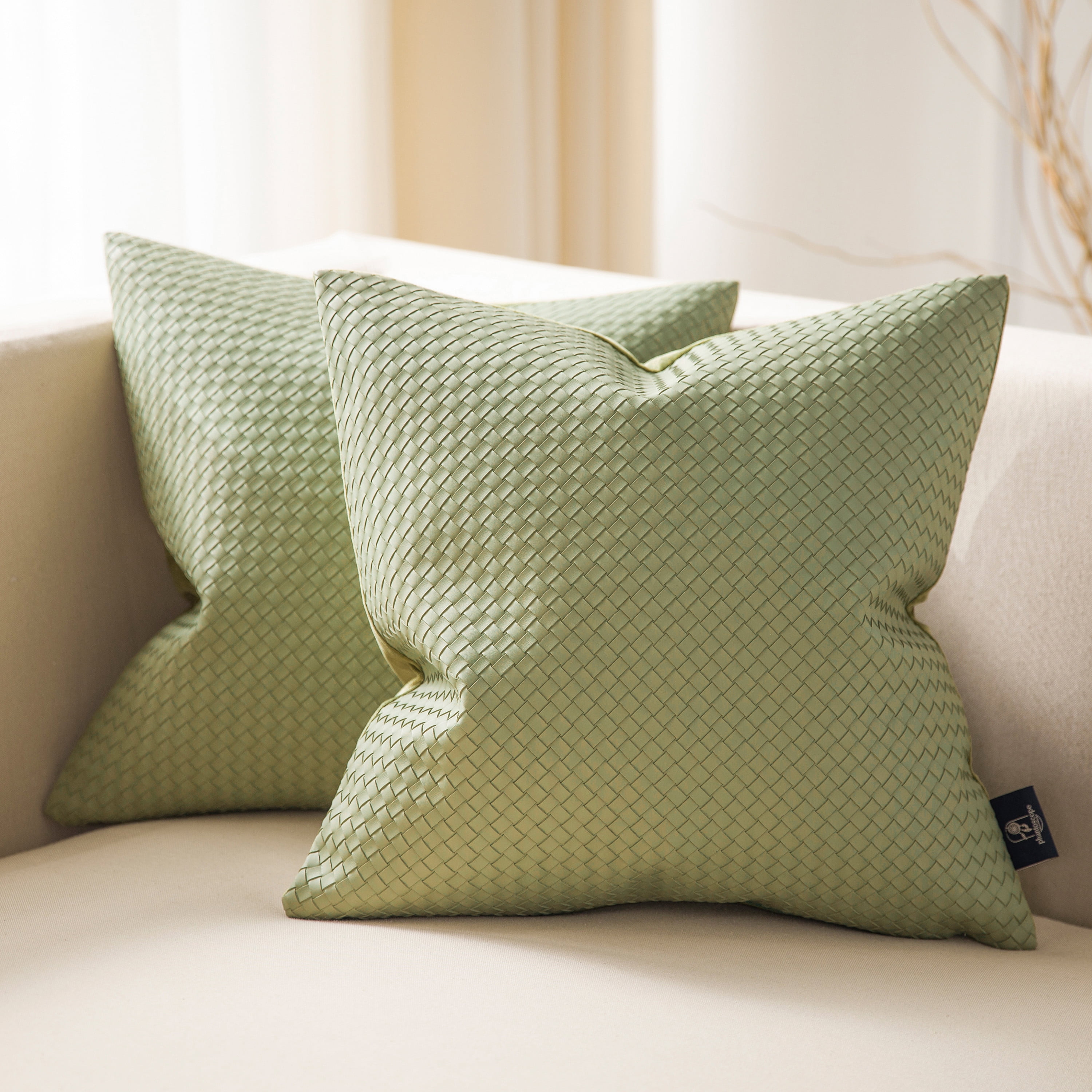 Phantoscope Modern Faux Leather Woven Square Cusion Solid Accent Decorative Throw Pillow for Couch, 18" x 18", Light Green, 2 Pack