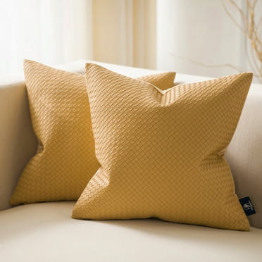 Phantoscope Modern Faux Leather Woven Square Cusion Solid Accent Decorative Throw Pillow for Couch, 20" x 20", Yellow, 2 Pack