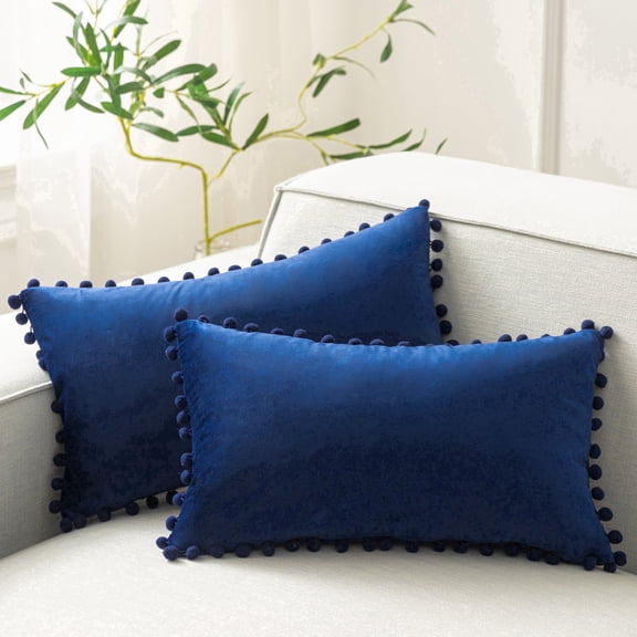 Phantoscope Navy Blue Throw Pillow Covers 2 Pack, 12" x 20" Velvet Decorative Pillow Cases with Pom Poms, Soft Square Cushion Covers for Couch Sofa Bed