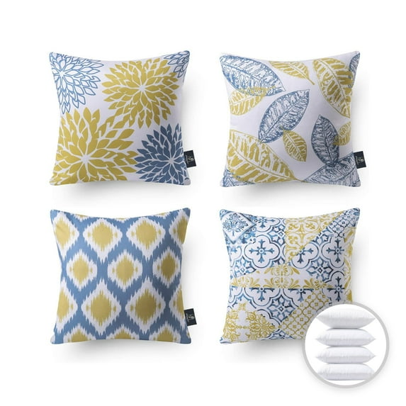 Phantoscope New Living Series Double Side Design Decorative Throw Pillow, 18" x 18", Yellow Blue, 4 Set