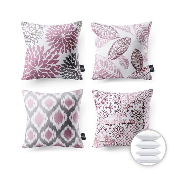 Phantoscope New Living Series Double-sided Design Decorative Throw Pillow, 18" x 18", Gray/Pink, 4 Pack
