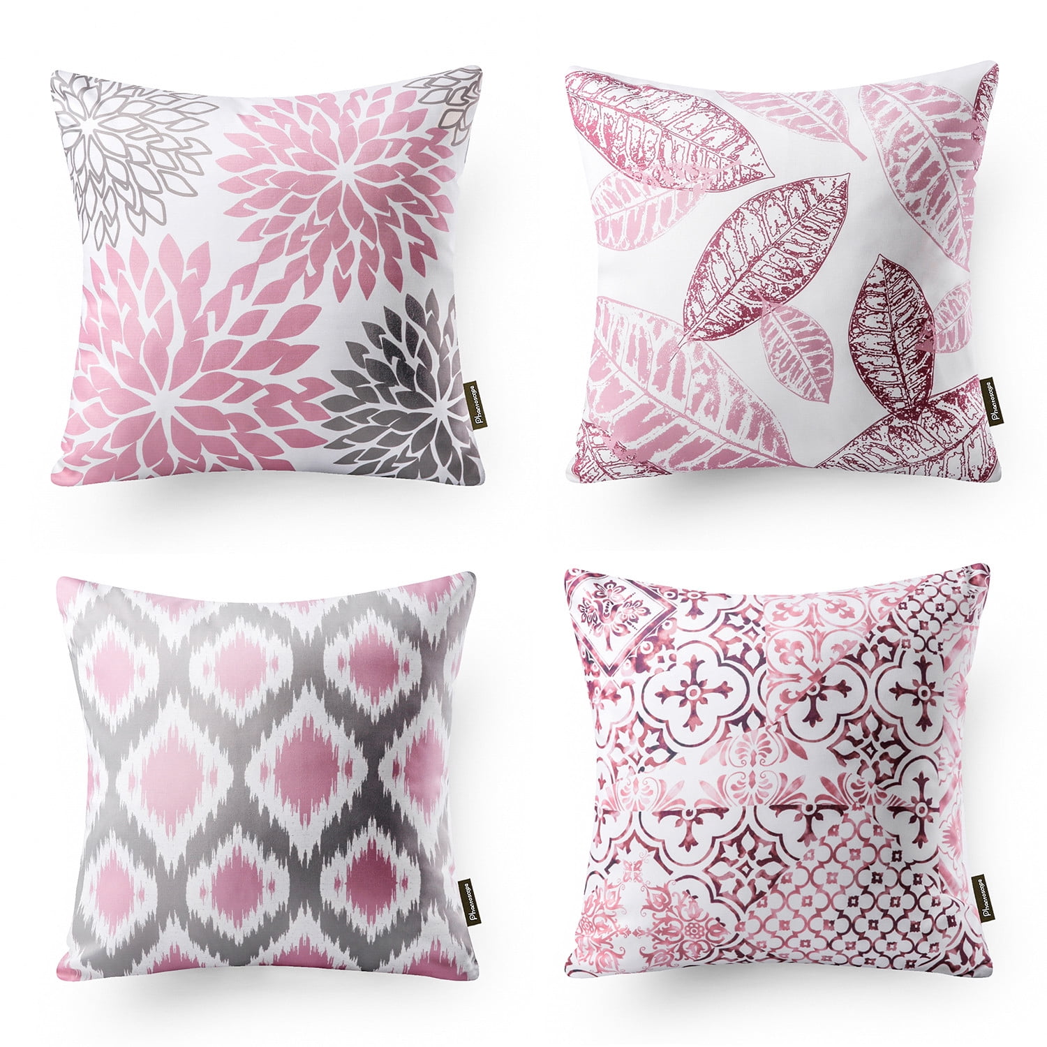 Phantoscope New Living Series Double-sided Design Decorative Throw Pillow Cover, 18" x 18", Gray/Pink, 4 Pack