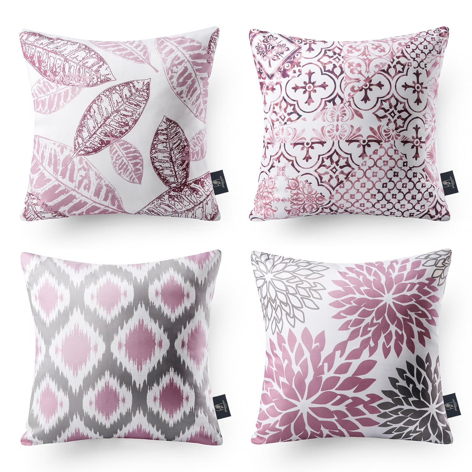 Phantoscope New Living Series Duplex Printing Decorative Throw Pillow Covers, 18" x 18", Pink and Gray, Set of 4
